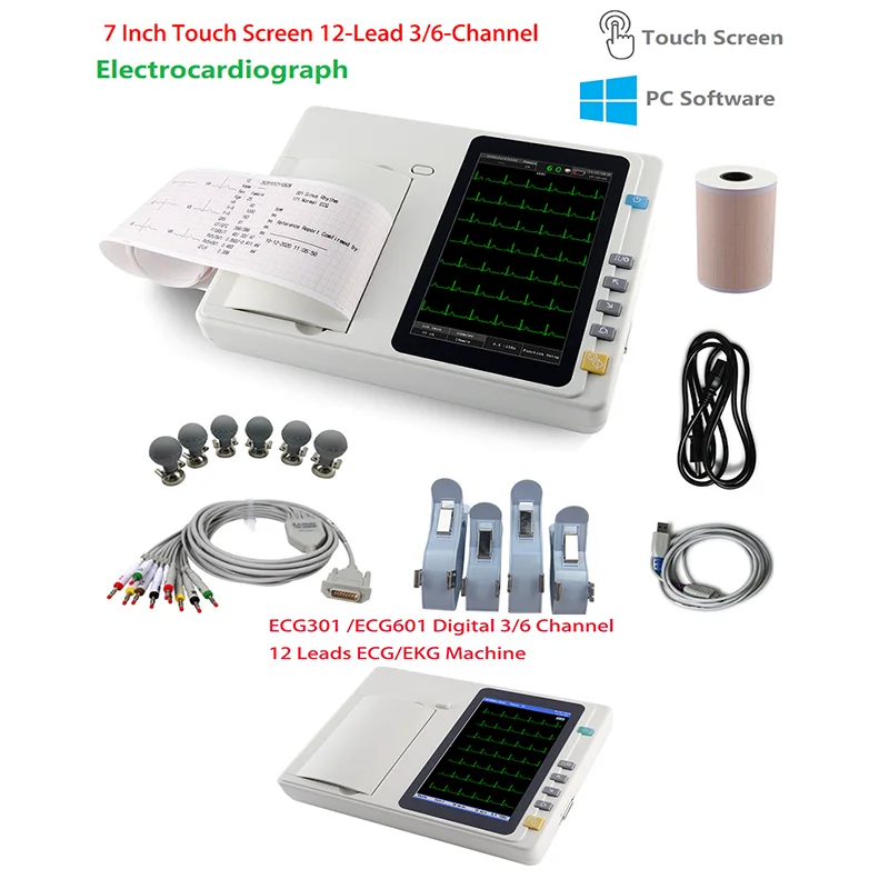 7 inch touch screenv Human/Vet Use ECG301 /ECG601 Digital 3/6 Channel 12 Leads ECG/EKG Machine Electrocardiograph With software