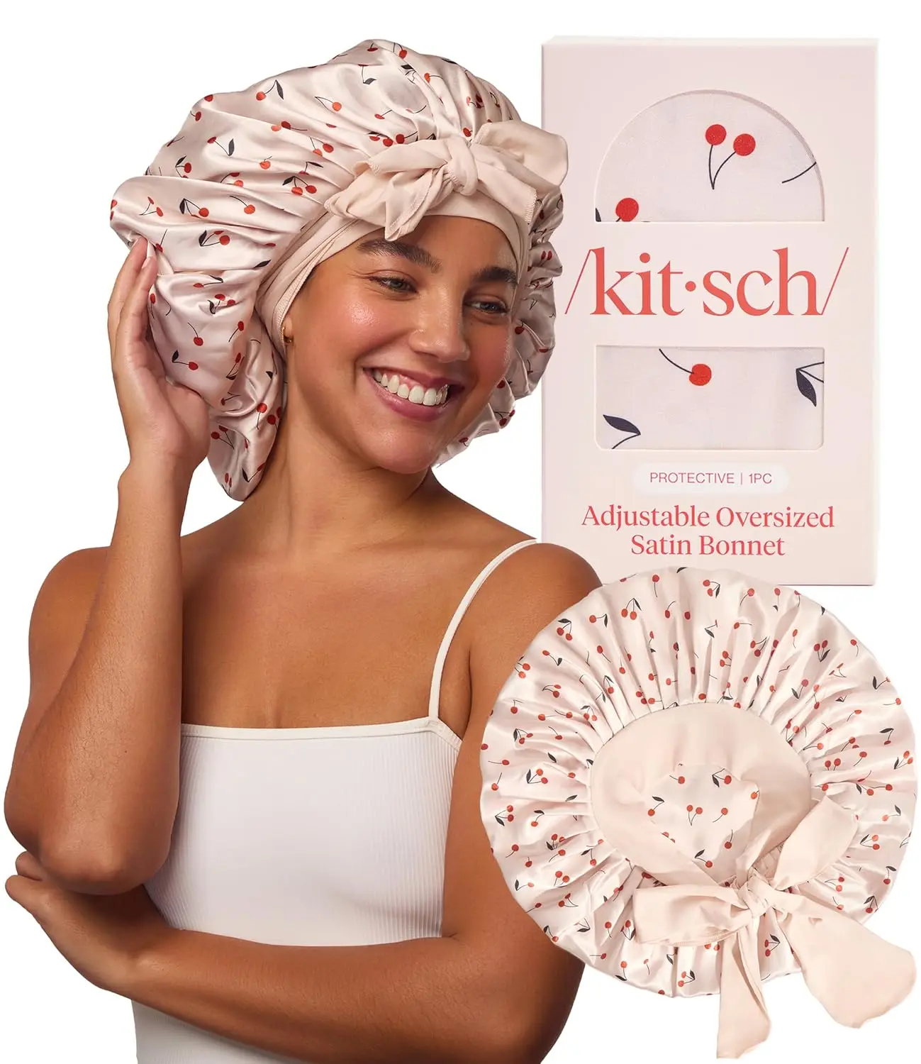 

XL Satin Bonnet for Sleeping - Adjustable Night Cap for Curly & Textured Hair - Prevents Breakage, Tangles & Frizz - Cherry