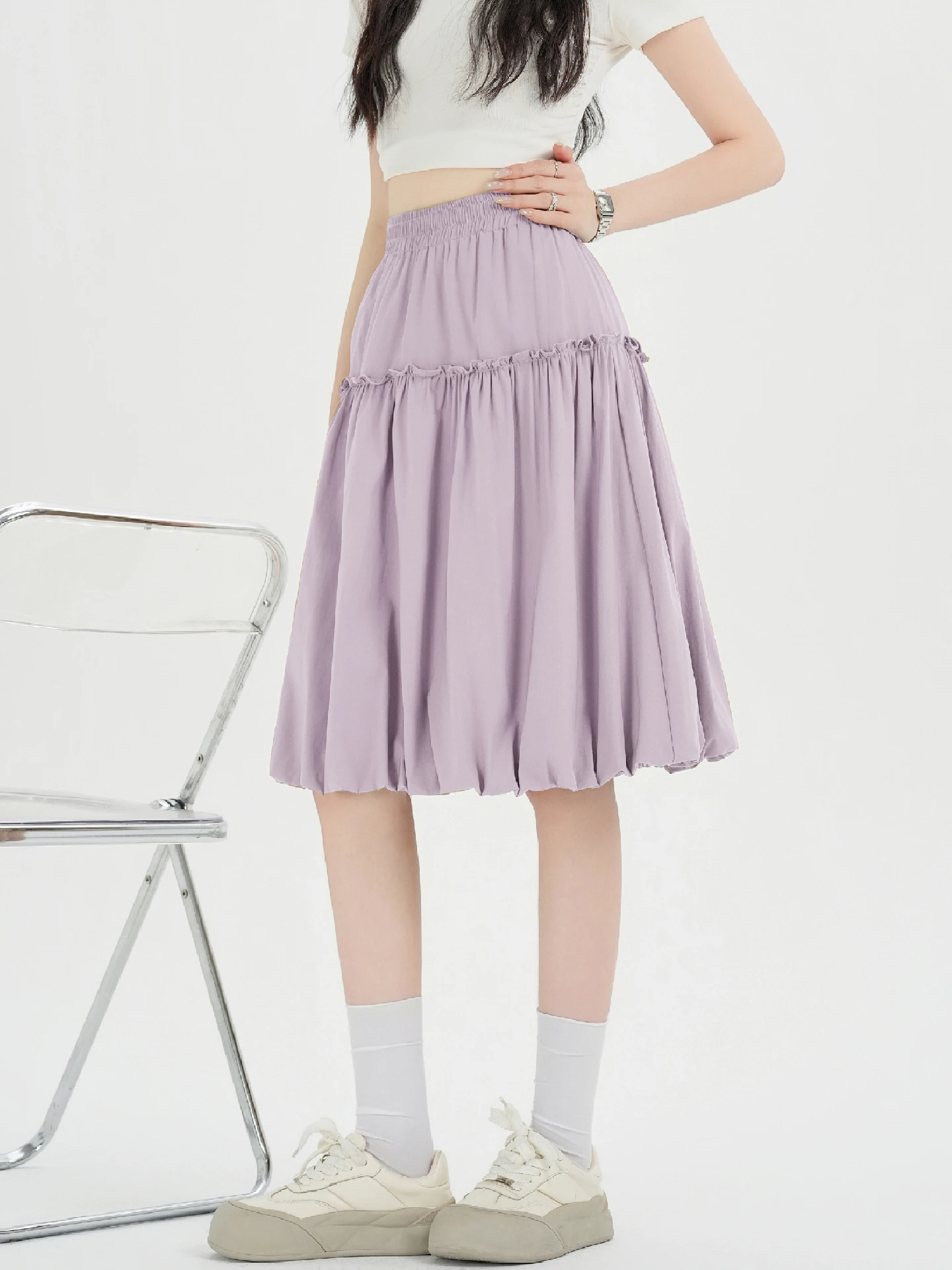 

Women's Spring Summer Elastic Waist Pleated Fluffy f Skirt Ear Musoom Lace Trim Lantern Flower Bud Skirt Ci Commute