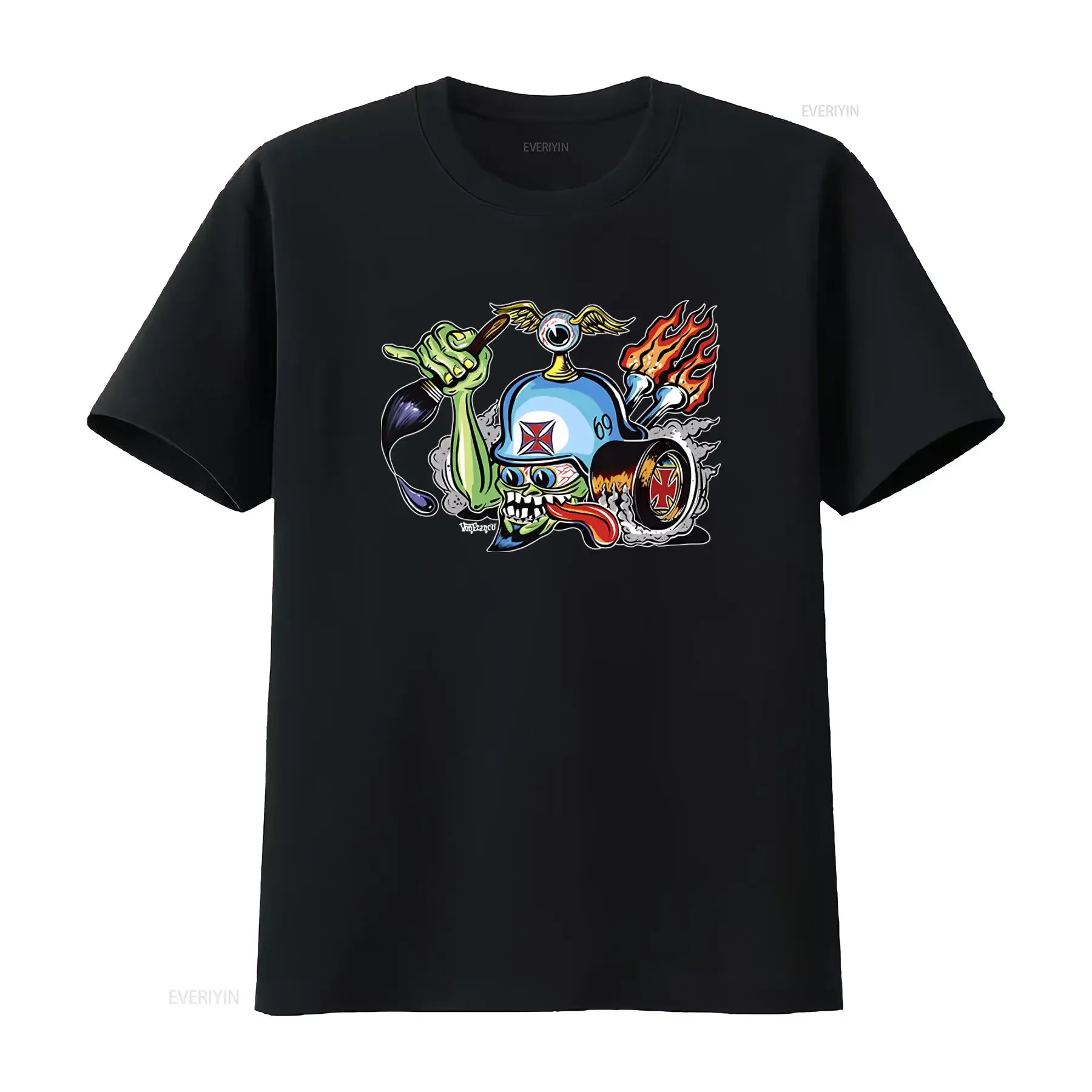 VON FRANCO Iron Cross Helmet Pinstripers Dutch Eye Ball T Shirt Unique Edgy Design for Bold Fashion Statements vintage Washed