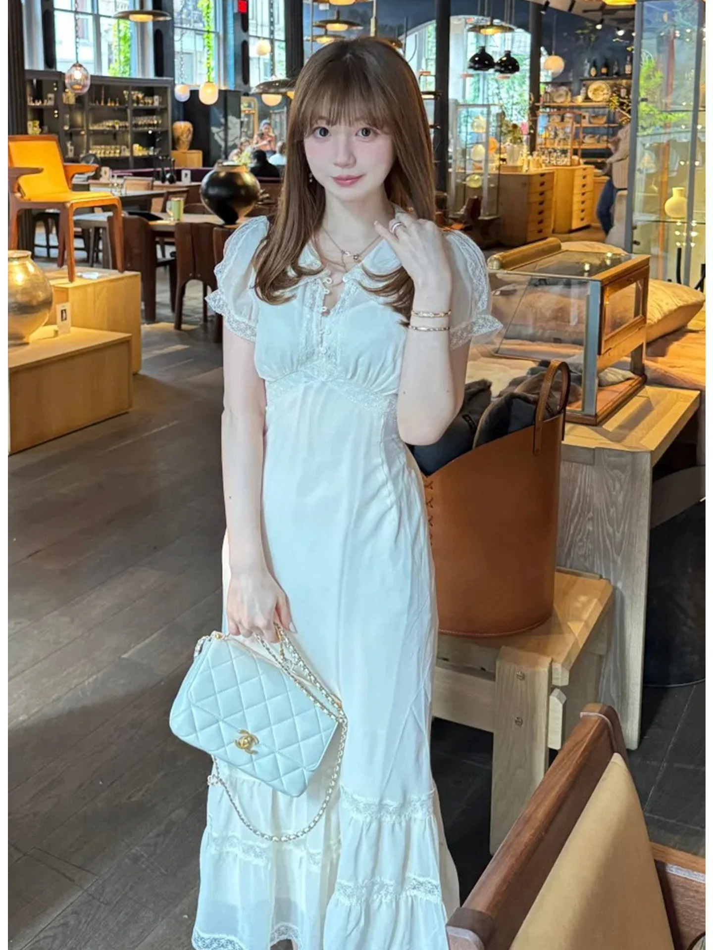 

Long Dress Short Sleeve Turn-down Collar Pure Color Block Lace Trim Japanese Style Early Autumn Clear Series Women's Dress