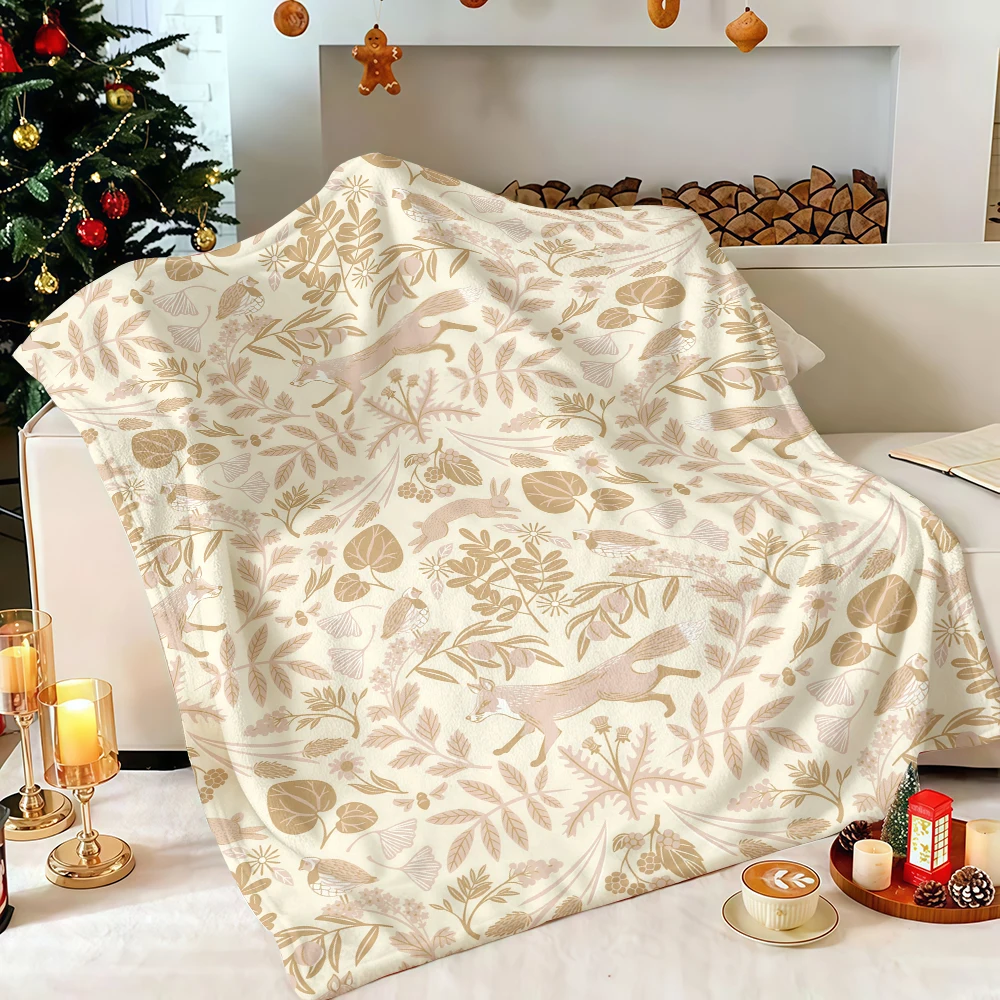 Warm Blush Woodland Fox Rabbit Flannel Blanket Soft Fuzzy Plush Cozy Warm Throw for Sofa Bed Couch Home Decor