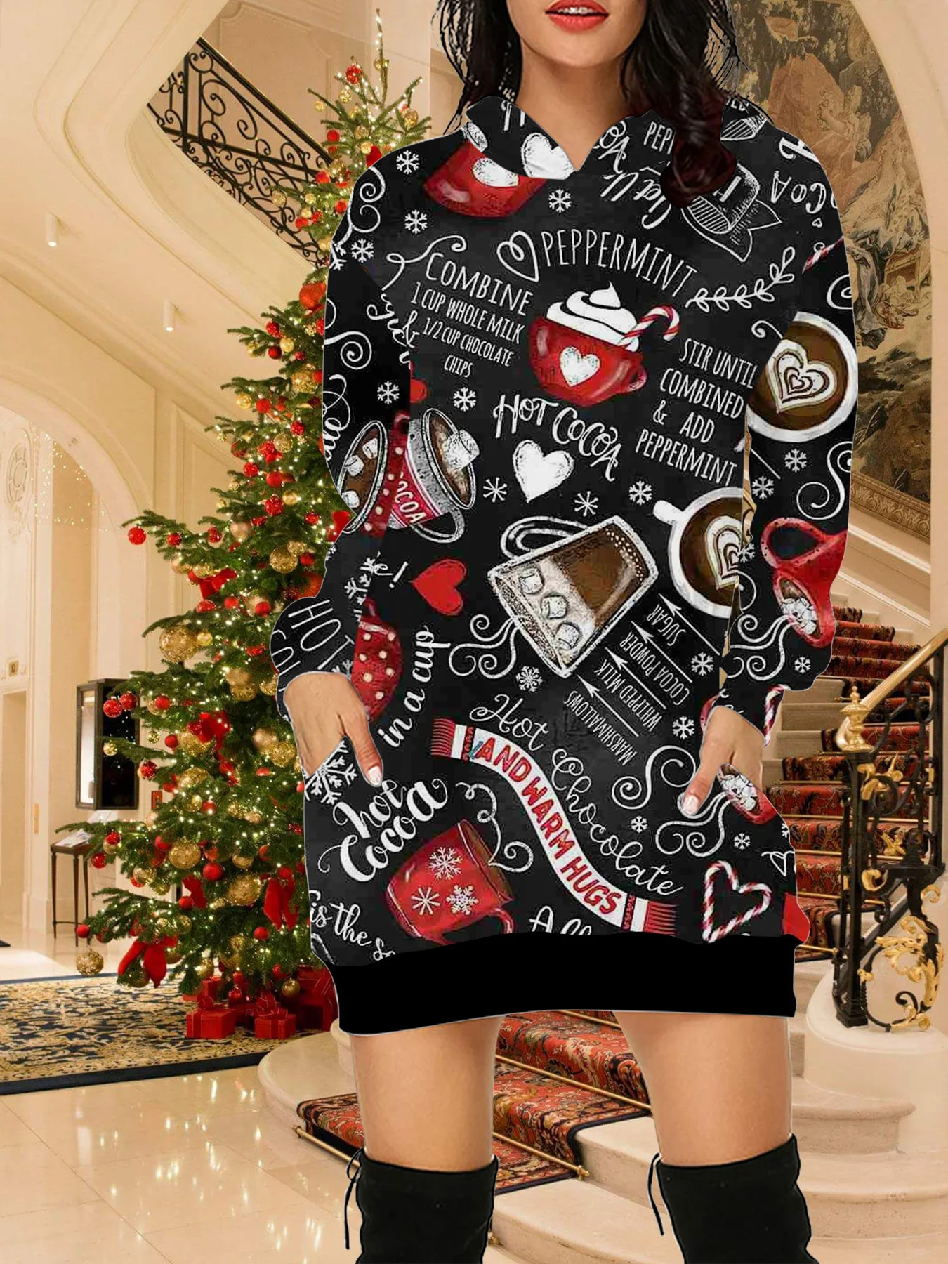 Autumn Women Hoodies&Sweatshirts Dresses Christmas Imitation Knit Print Long Sleeve New Hooded Casual Party Lady Hoodies Dresses