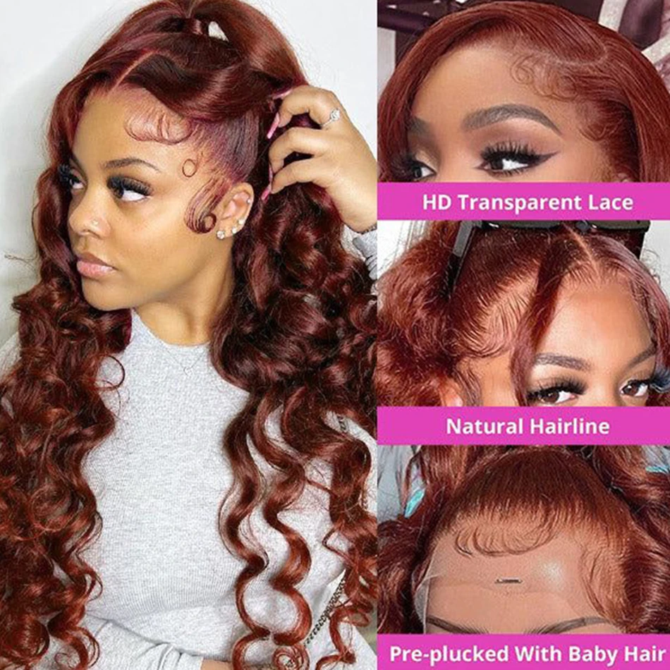 Reddish Brown Loose Deep Wave Lace Frontal Wig 13x6 Copper Red Lace Front Human Hair Wigs Pre Plucked With Baby Hair 250 Density