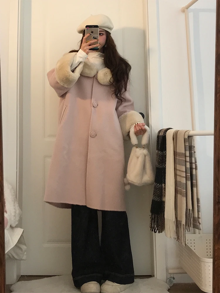 甘いピンクのウール襟スプライシングコート女性の冬の新しいSleミディアム丈ルーズウールコート優しい風Sleファイオナブル