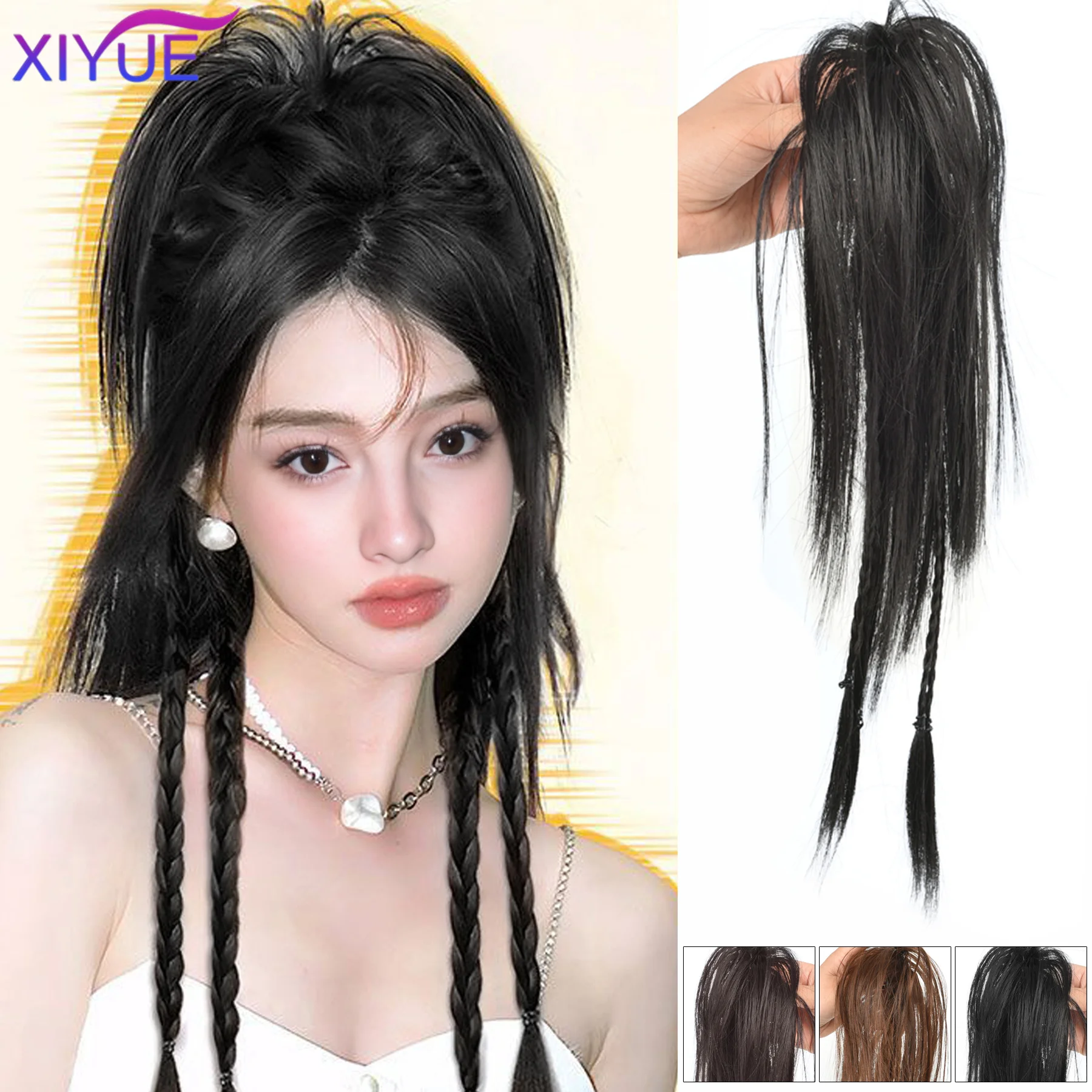 XIYUE Synthetic High Ponytail Boxer Braid Wig Long straight hair Dopamine Half-tied Braid Claw Clip Waterfall Ponytail