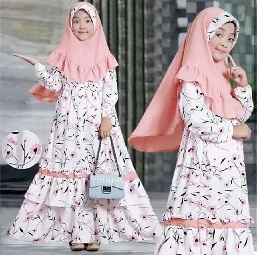 Abaya-Robe de prière maxi à imprimé de fleurs pour filles musulmanes, ensembles de foulards de sauna, robe arabe islamique pour enfants mignons, Kaftan de Dubaï, vêtements de Ramadan, Hijab