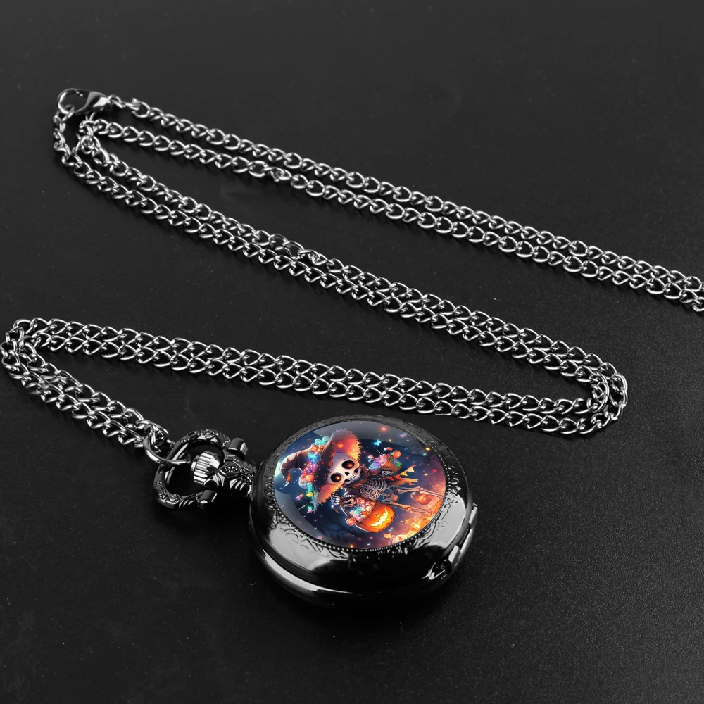 Halloween Skull Accessory Glass Dome Vintage Arabic Numerals Quartz Pocket Watch Necklace Pendant Clock Chain Men Women for Kids