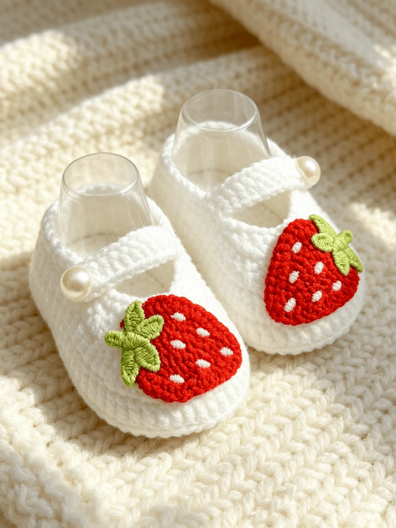 1 Pair Crochet Baby Girl Mary Jane Booties, White, Strawberry Embroidery with Pearl Button Strap, Infant Shoes
