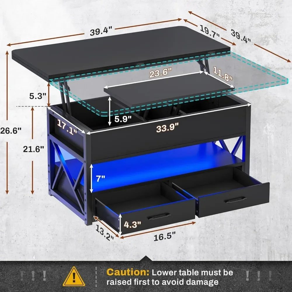 Meja kopi, meja kopi 4 in 1 dengan penyimpanan untuk ruang tamu, meja kopi rumah pertanian kecil dengan 2 laci & lampu LED