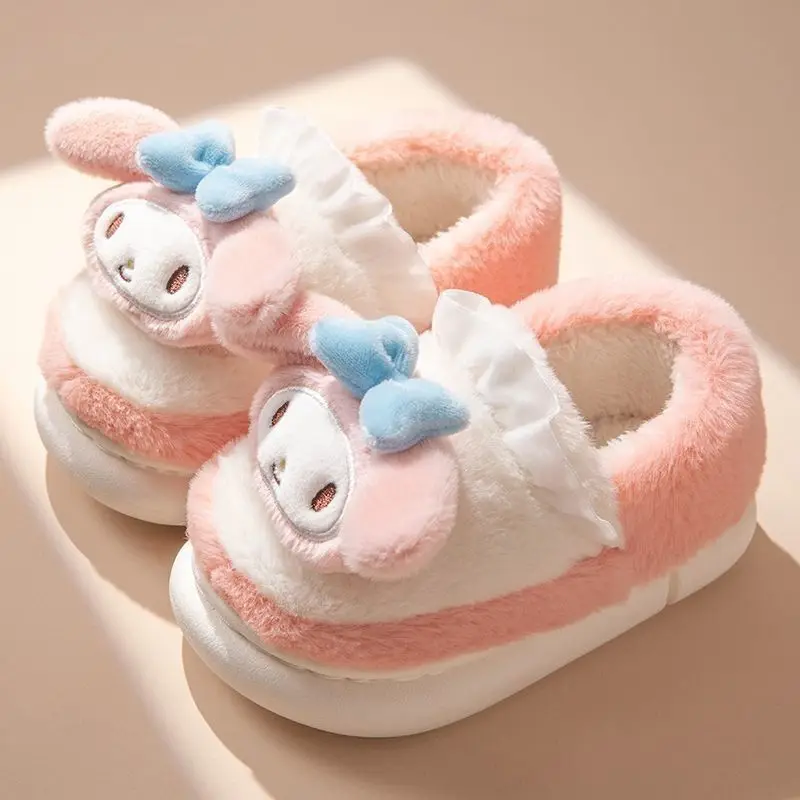 Sanrio Girls Fashion Cartoon Anime Cotton Slippers Winter Cute Melody Thick Bottom Plus Plush With Heel Indoor Home Warm Slipper