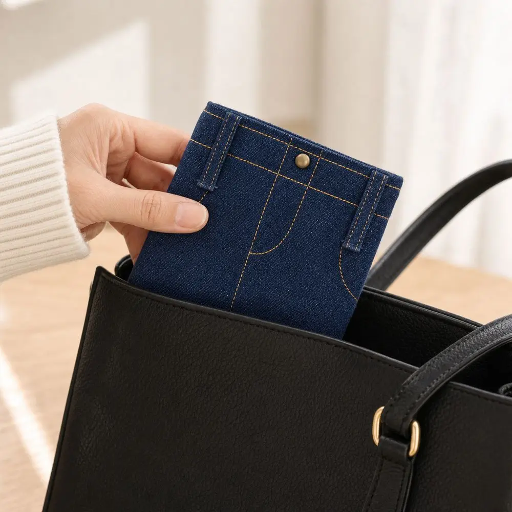 Durable Foldable Denim Shorts Wallet Denim Compact Jeans Shaped Wallet Snap Button Folding Card Holder Cash Storage