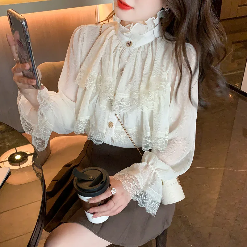 Vintage Chiffon Blouse Fashion Women Stand Collar Ruffles Shirts Woman Long Sleeve Lace Blouses Femme Tops Elegant Blusas 23057