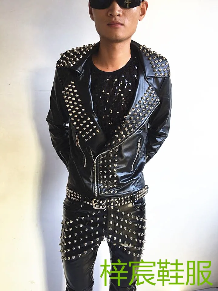 

Pumk Jacket PU Leather Coat Men Stage Dance Rivet Black