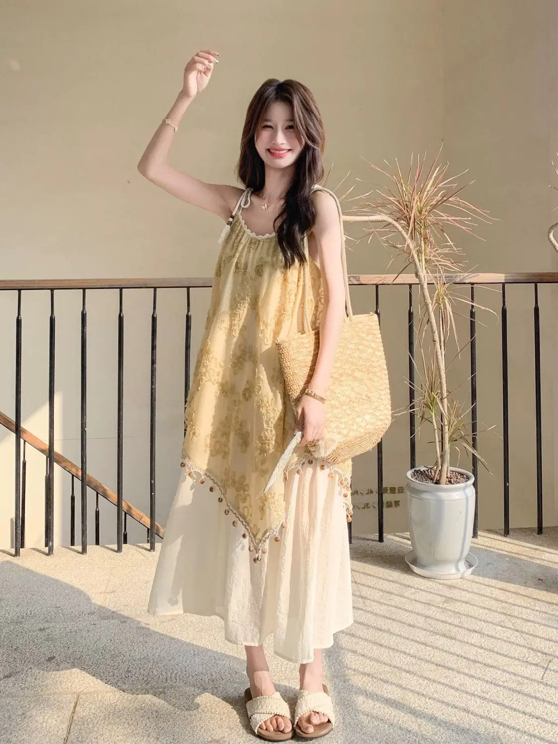 Duas peças emendadas temperamento suspender saia suspender vestido borla verão novo estilo beira-mar floral férias doce