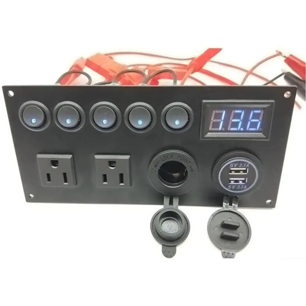 

5 Gang Toggle Switch Panel 12V/24V Blue LED On-Off Rocker Switches Dual USB Charger Digital Voltmeter for Marine Boat Car RV