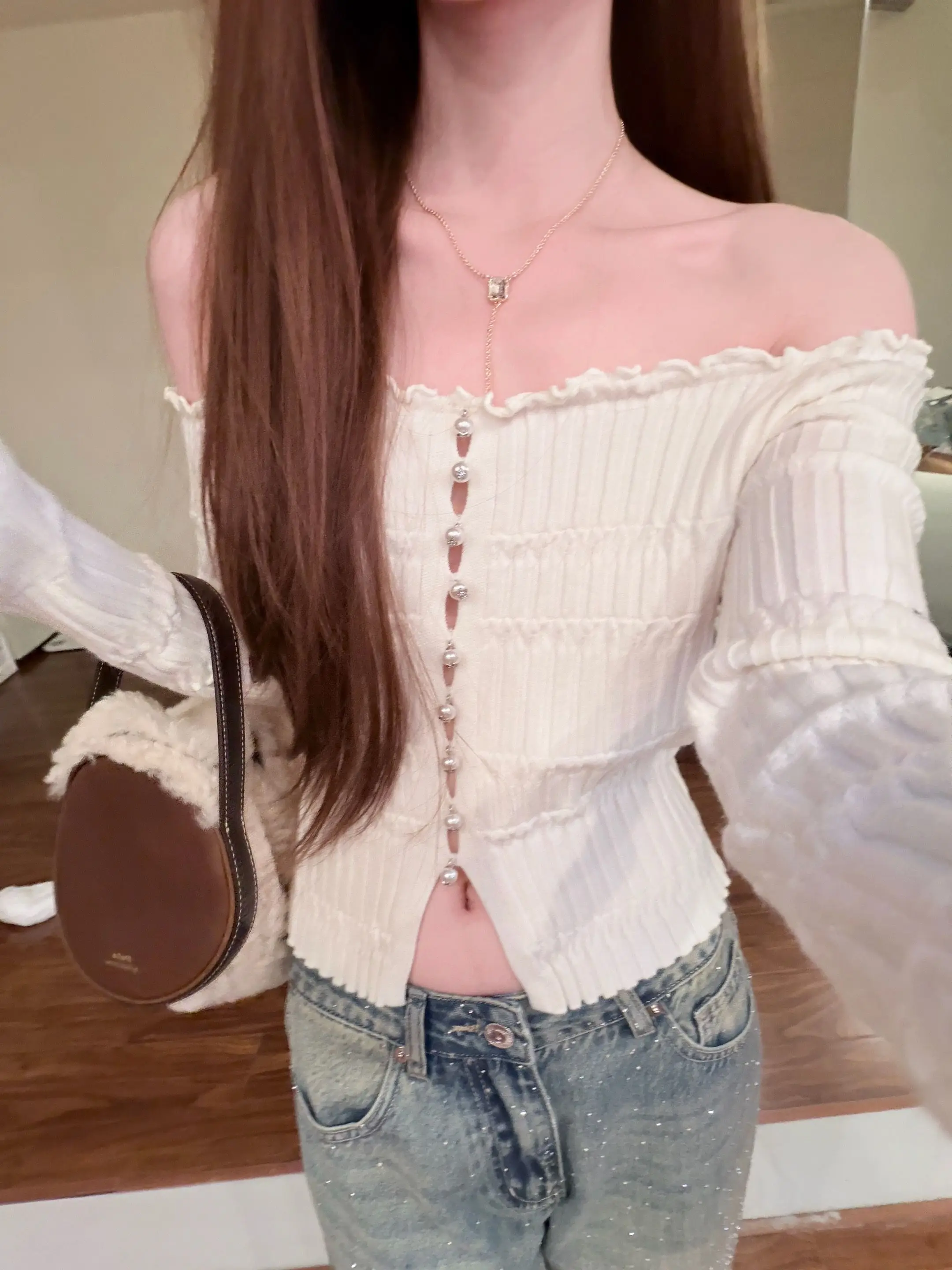 

Вязаный свитер Zhaolu Si на одно плечо для женщин, ранняя осень, чисто элегантный, сладкий и дерзкий, облегающий, с открытым плечом, базовый топ