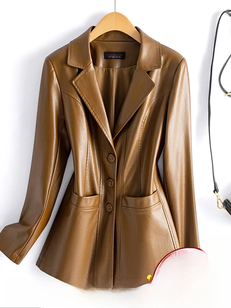   Ning Echtleder-Jacke Damenmantel 2025 Neue Frühling-Herbst-Lederjacke mit Anzugkragen Bla ature Western-Anzug