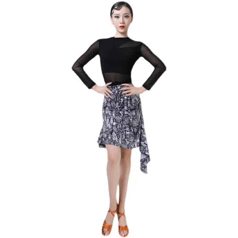 Strój do tańca latynoamerykańskiego, damski strój sceniczny dla dorosłych, nowa asymetryczna spódnica, rękawy z siateczki, dopasowany top z modalu
