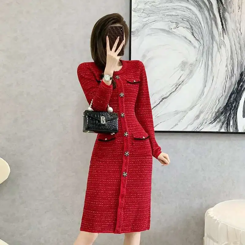 #0908 Autumn Winter Red Office Sweater Dress Women Round Neck Buttons Knitted Dress Female Elegant Stretch Vestidos Knee-length