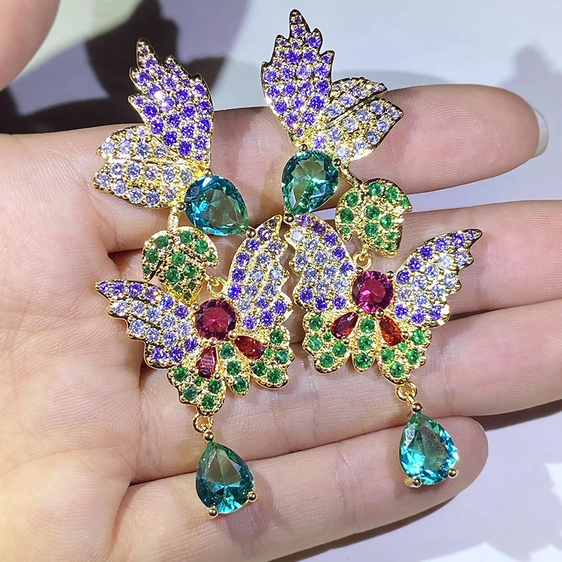 2022 NEW Exquisitenes Butterfly Earring For Women S925 Silver Colorful Sapphire Ruby Heavy Industry Crystal Diamond Gift Jewelry