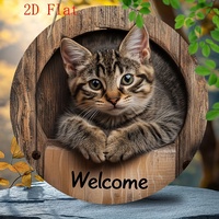 2D Graphic 2D Printed Wall Art - Cat Welcome Signs for Street, Courtyard, Shopping Center, Garage, Cafe, Family, Bar, Club, Kitchen, Restaurant, Laundry Room, Men's Cave, Gym, Bedroom, Farm, Farmhouse, Handmade Round Wood Decorative Plaque, Home Decoration, Garden Decoration, Holiday Decoration, Desk