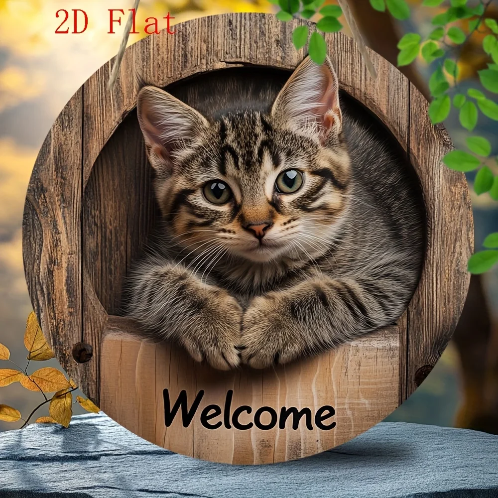 2D Flat, 2D Printed Wall Art - Cat Welcome Sign, Suitable for Streets, Courtyards, Shopping Centers, Garages, Cafes, Homes, Bars, Clubs, Kitchens, Restaurants, Laundry Rooms, Man Caves, Gyms, Bedrooms, Farms, Gardens, Farmhouses, Handmade Wooden Decorative Plaques, Home Decor, Garden Decor, Holiday Decorations, 2D Flat