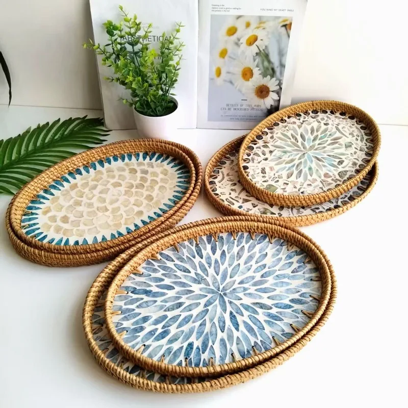 Nordic Creative Colorful Shell Tray Oval Rattan Storage Tray Snack Fruit Platter Home Jewelry Storage Desktop Organizer Ornament