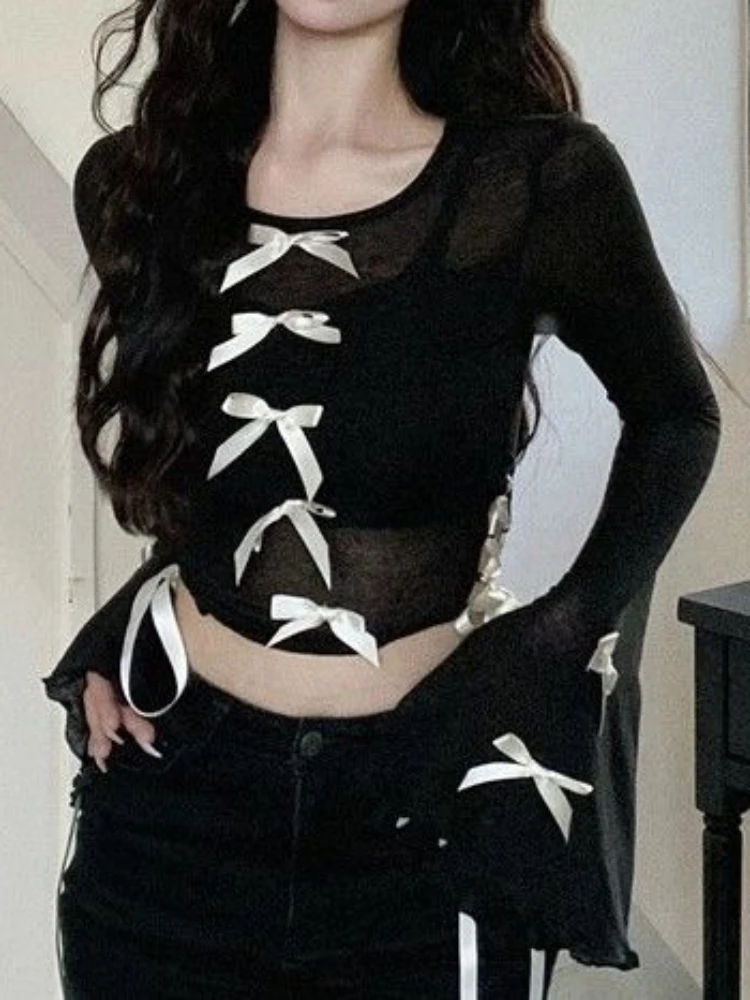 

QWEEK Coquette Y2k Sexy Bandage Bow Crop T-shirt Women 2024 Design Summer Slim Flare Sleeve Tees Cropped Top Hotsweet New In