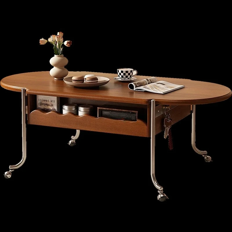 

French Retro Lifting Coffee Table Household Small Apartment Multi-Functional Movable Solid Wood Side Table