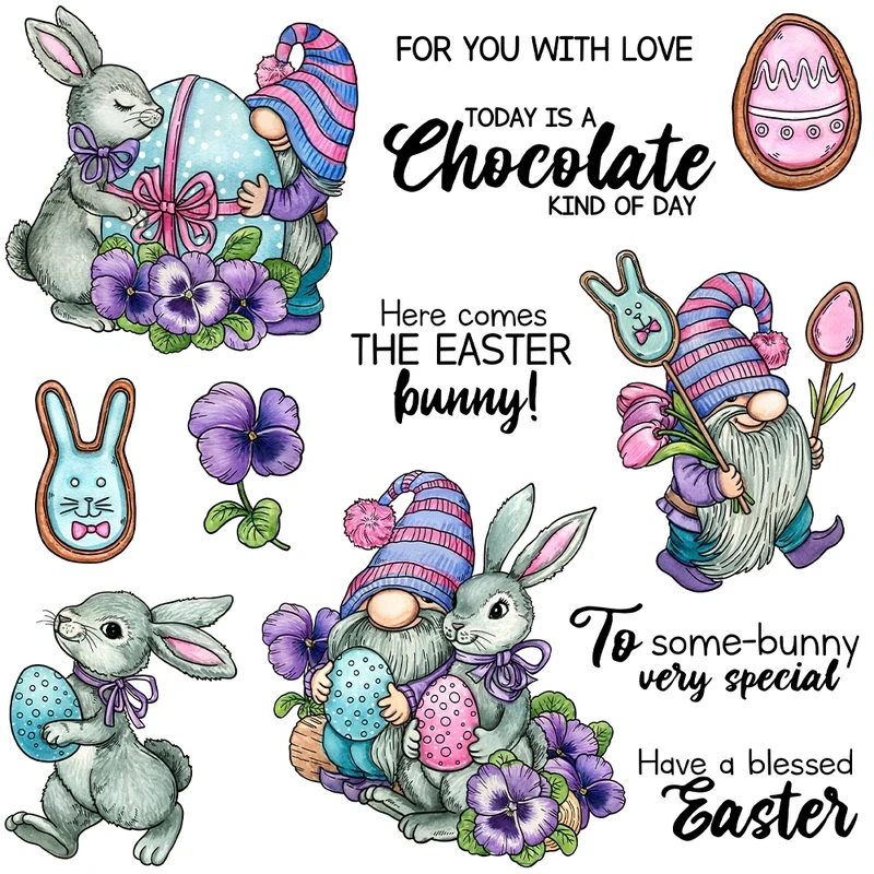 

Easter Eggs Rabbits Gnome Cutting Dies Clear Stamp DIY Scrapbooking Metal Dies Silicone Stamps For Cards Albums Decor
