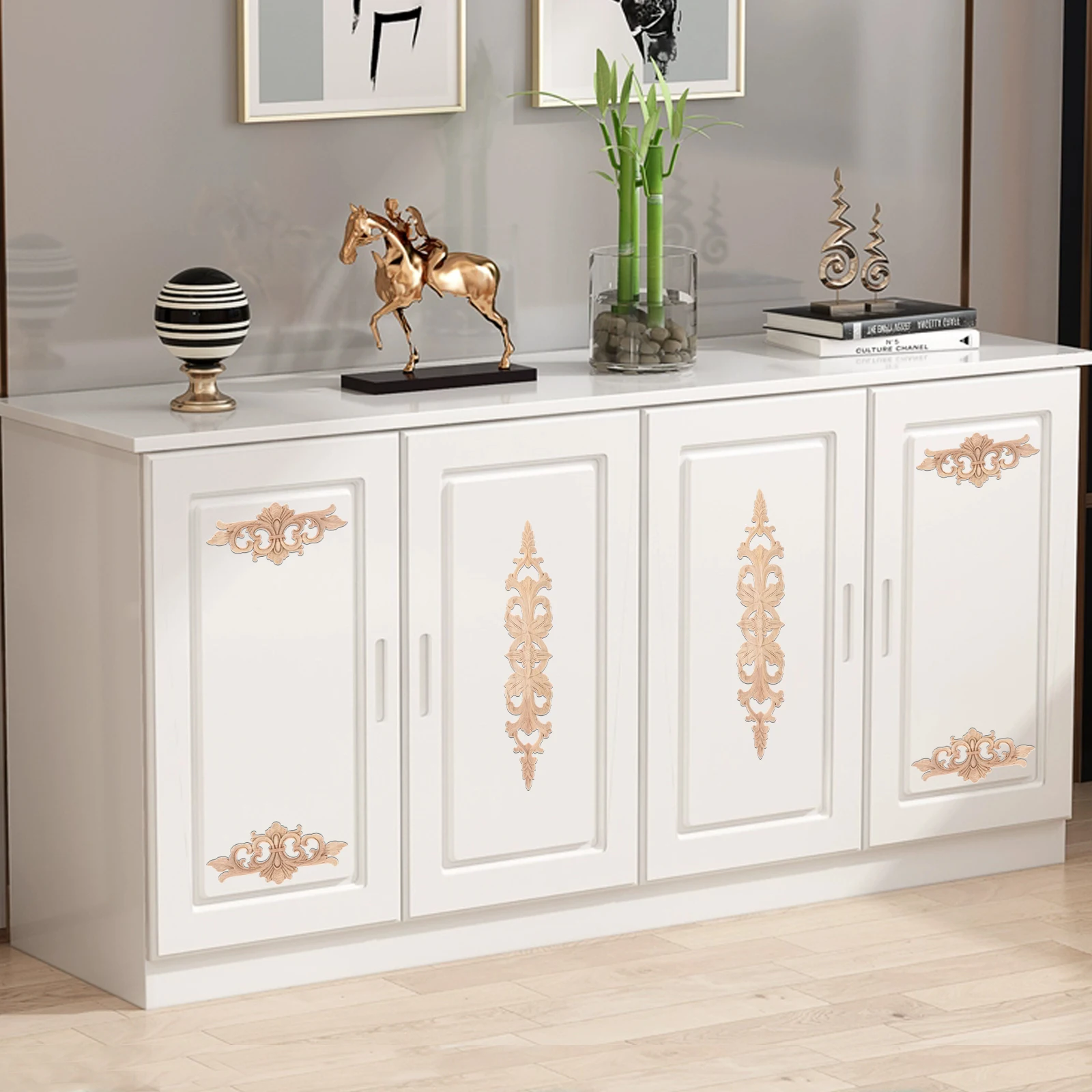 8pcs Wood Appliques Kit 2-style Hollow Flower Branch Vertical Furniture Onlays Corner Horizontal Bar Decor Cabinet Door Bed Box