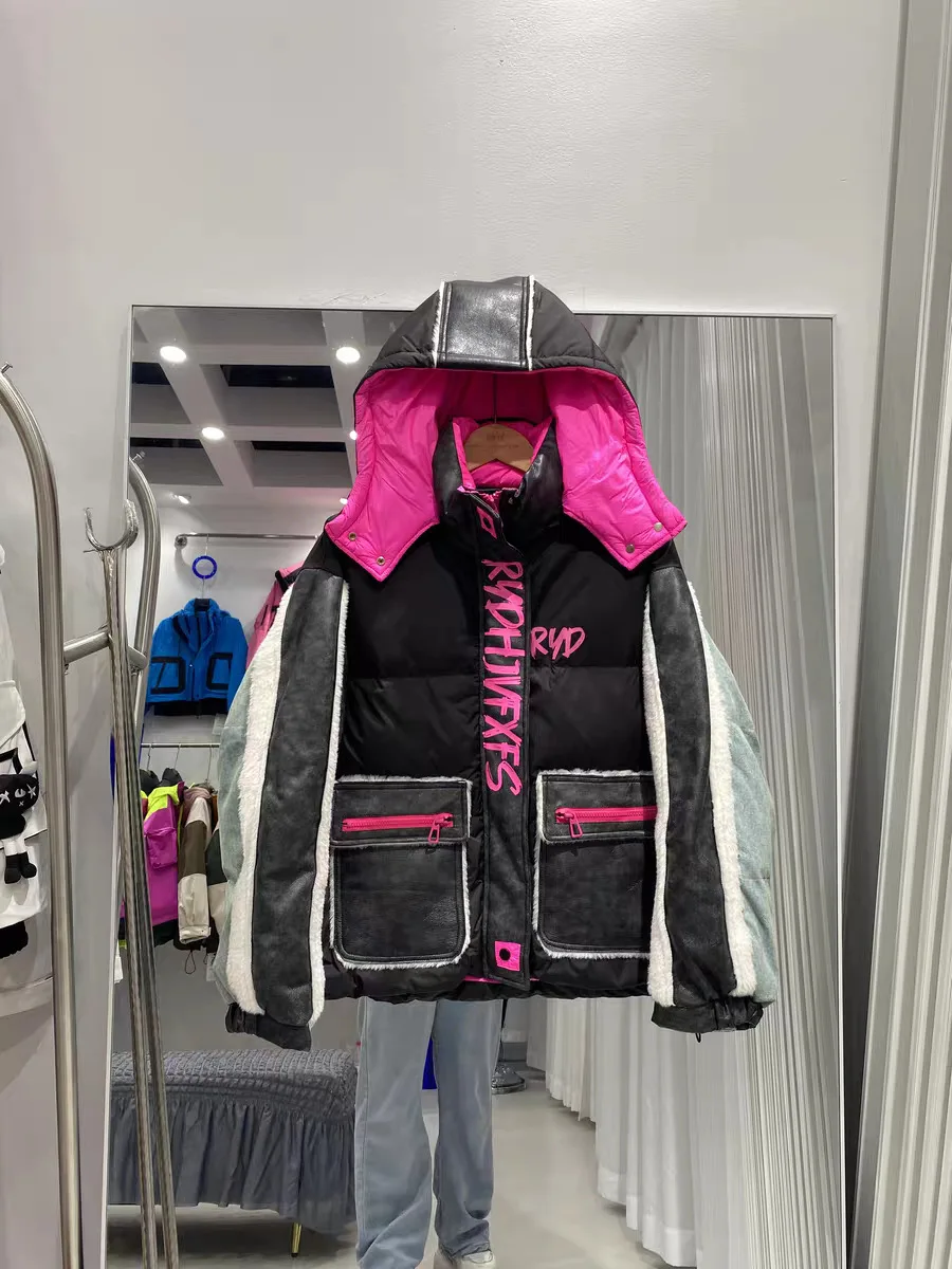 Winter Abnehmbare Kapuze Brief Unten Jacke Weibliche Warme Zipper Stepp Jacke Frauen Weiße Ente Unten Patchwork Parker Outwear Mantel