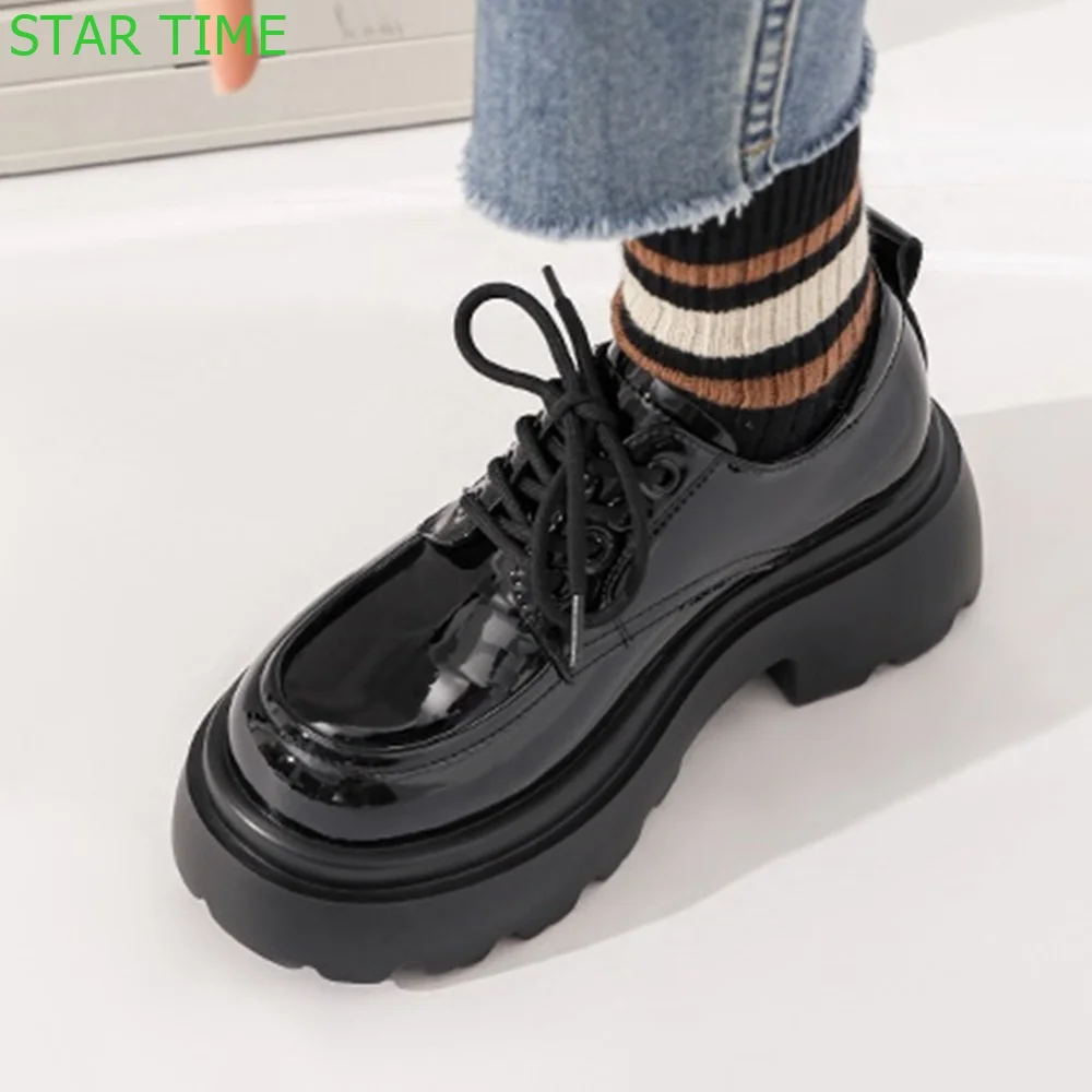 Patent Leather British Style Loafers 2024 Spring Round Toe High-Heeled Lace Up Casual Shoes Black 7Cm Fashion Women Shoes