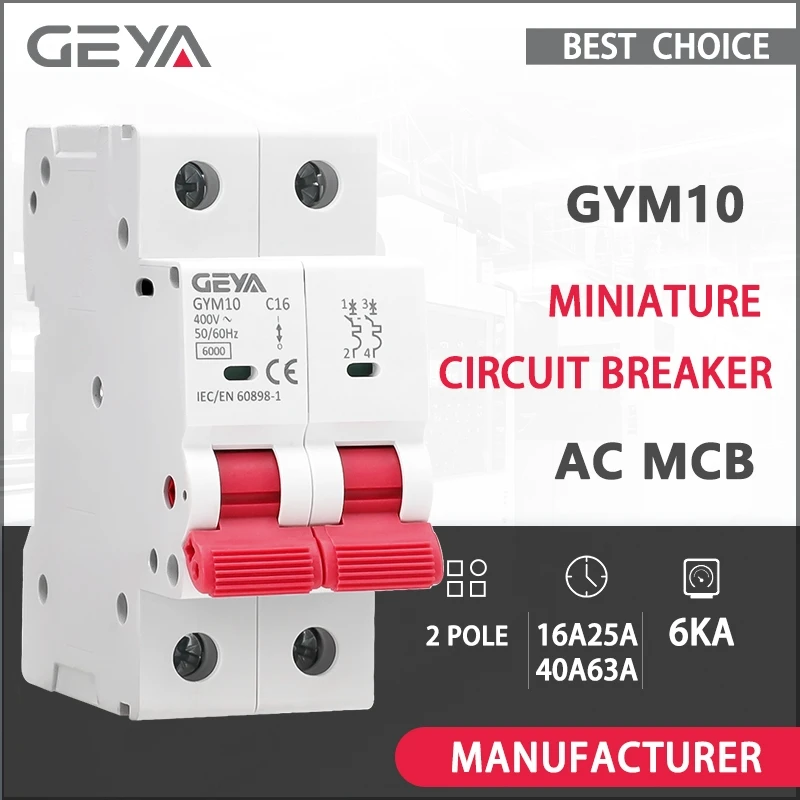 GEYA GYM10 AC MCB 2Pole 16A 25A 63A 220V/400V Mini Circuit Breaker C Curve 6KA CE CB Approved