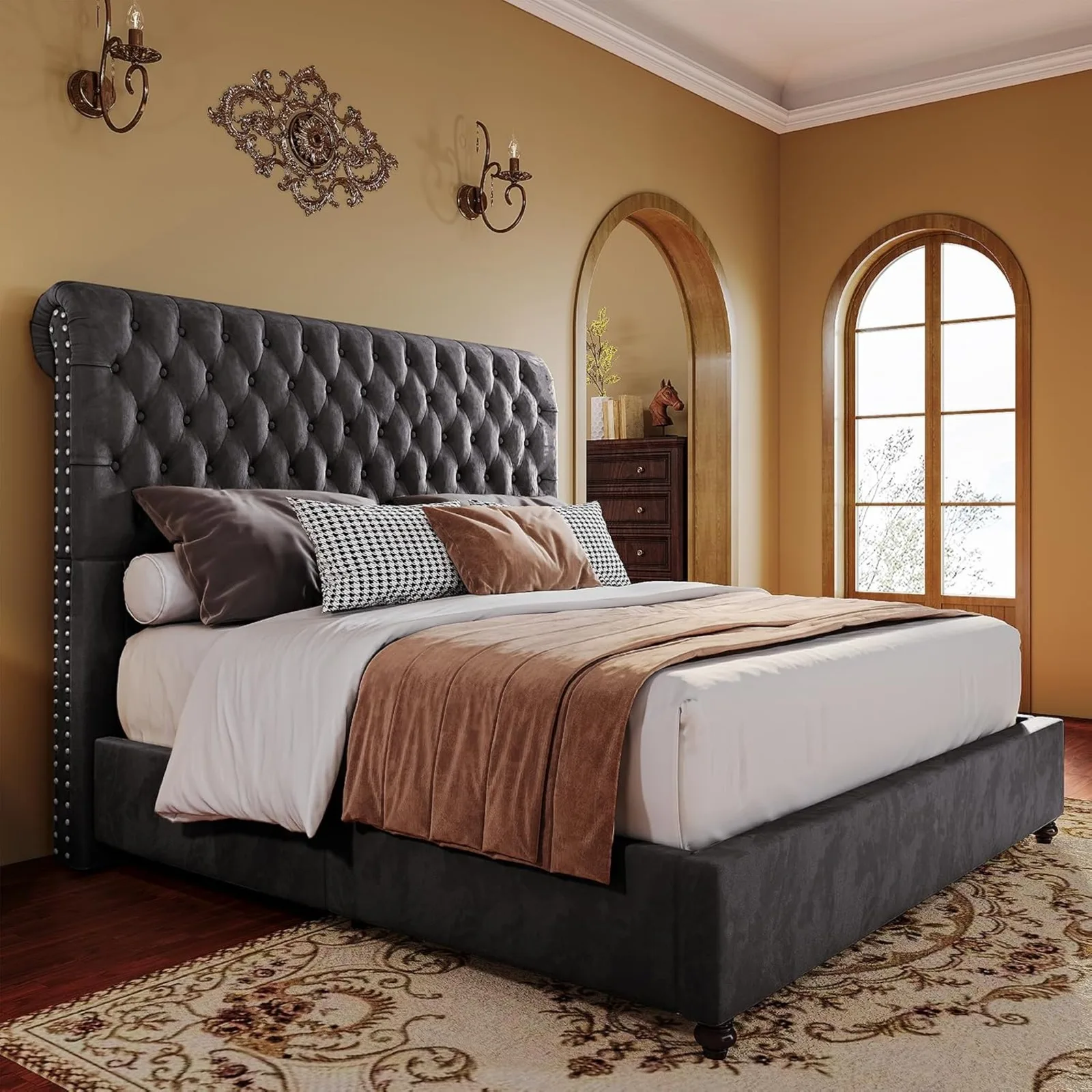 US Bed Frame Queen Size Upholstered Platform Bed with 52.8'' Tall Sleigh Headboard, Button Tufted