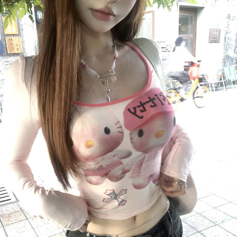 New Women Hello Kitty Crop Tops for Autumn Kawaii Cute Cartoon Slim Long Sleeve Pink Clothes Cool Sweet Girl Blouses Y2k Shirts