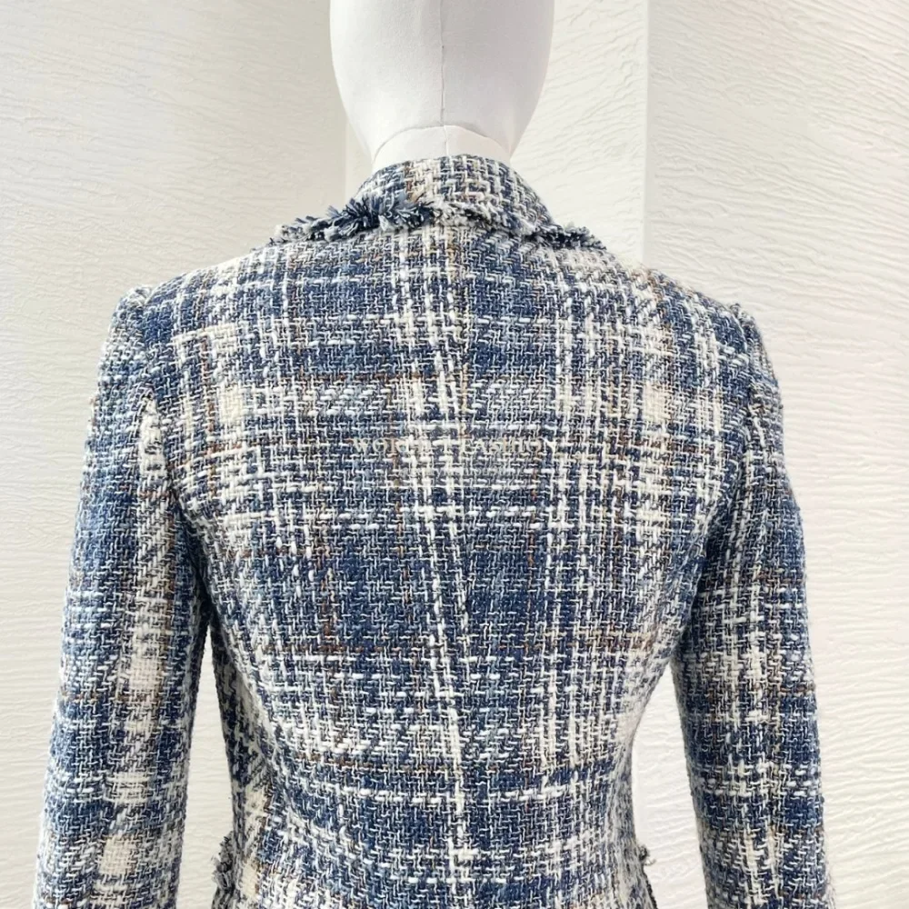 

Blue Knit Lapel Tweed Long Sleeve Blazer Jacket Tops 2025