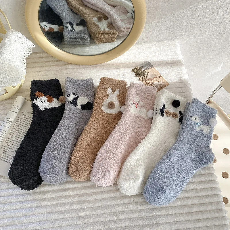 

2 Pairs of Winter Coral Fleece Warm Mid Tube Socks Cute Cartoon Thick Sleep Socks Comfortable Home Floor Socks