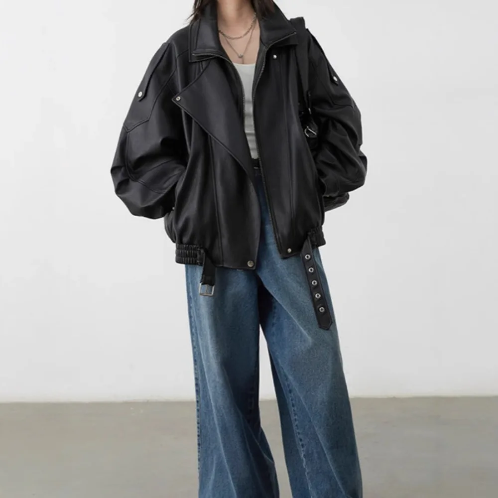 

Autumn New Style Niche Gentle Heavy Industry Retro Stand Collar Motorcycle Leather Jacket PU Jacket Top