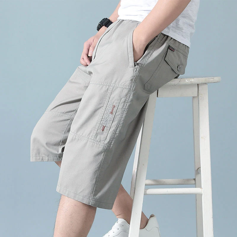 Men Cropped Cargo Shorts Men\'s Casual Sports Pants Zipper Pocket Summer Cotton Shorts Running Jogger Shorts Elastic Waist