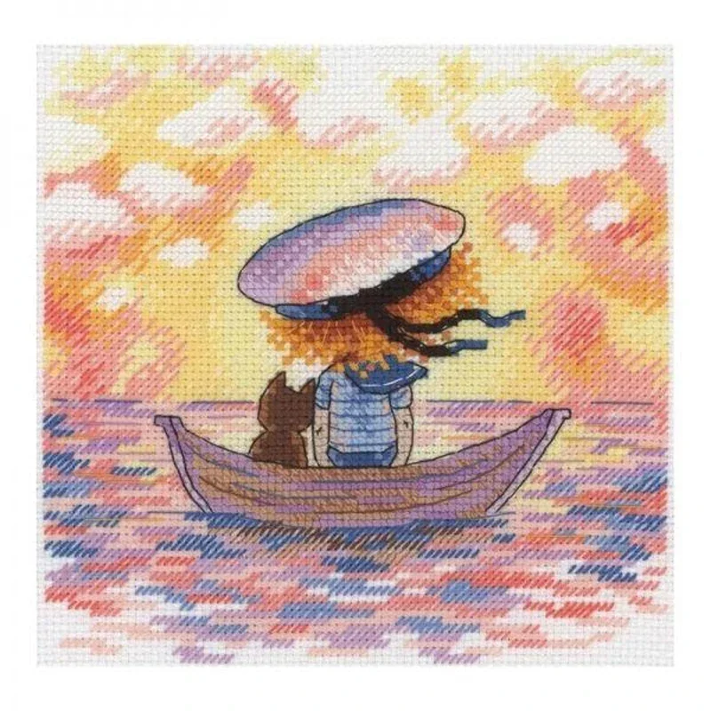 Amishop Lovely Counted Cross Stitch Kit Girl Watching Sunset With The Cat Kitty On The Boat Sea MP Studia NV 616 OK