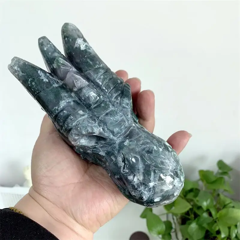 13.5cm Natural Quartz Moss Agate Dragon Skull Carving Carvings Crystal Powerful Energy Wicca Decor Home Decoration Gift 1pcs