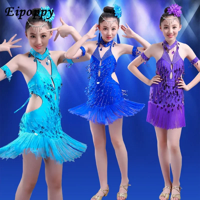 

Children's Latin Dance Costumes Girls Latin Dress Latin Tassel Sequins Game Performance Clothing Children Clothing Summer