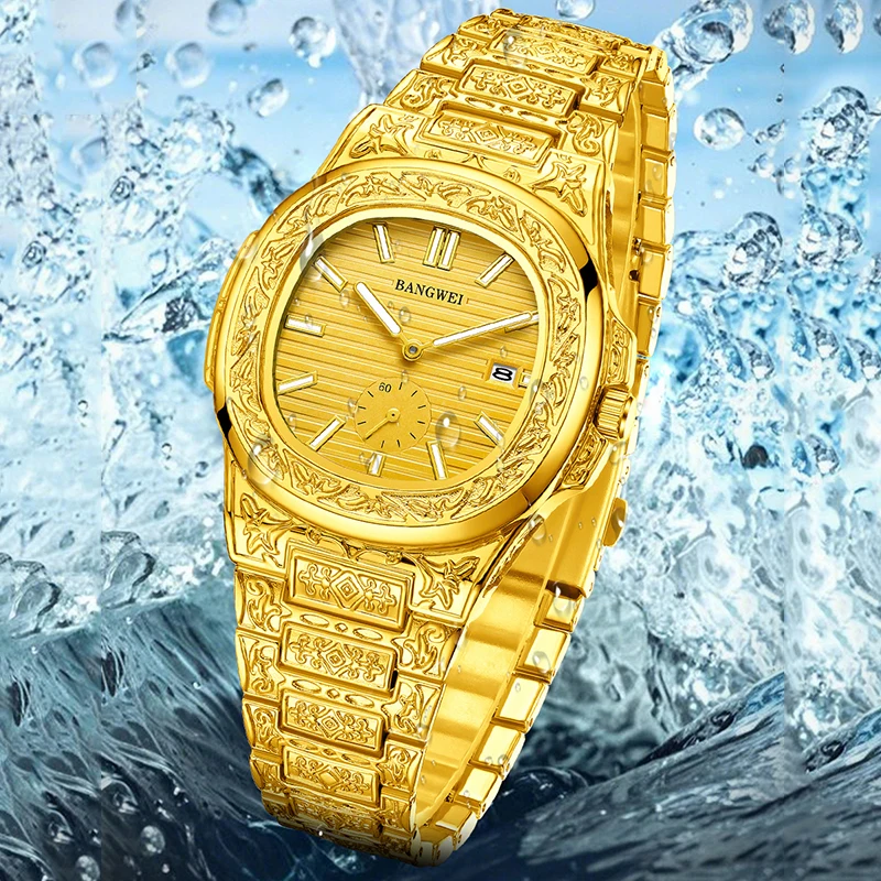 BANGWEI Orologio da uomo in oro Orologio quadrato creativo di lusso delle migliori marche per uomo Orologi da polso al quarzo da uomo impermeabili sportivi in acciaio inossidabile