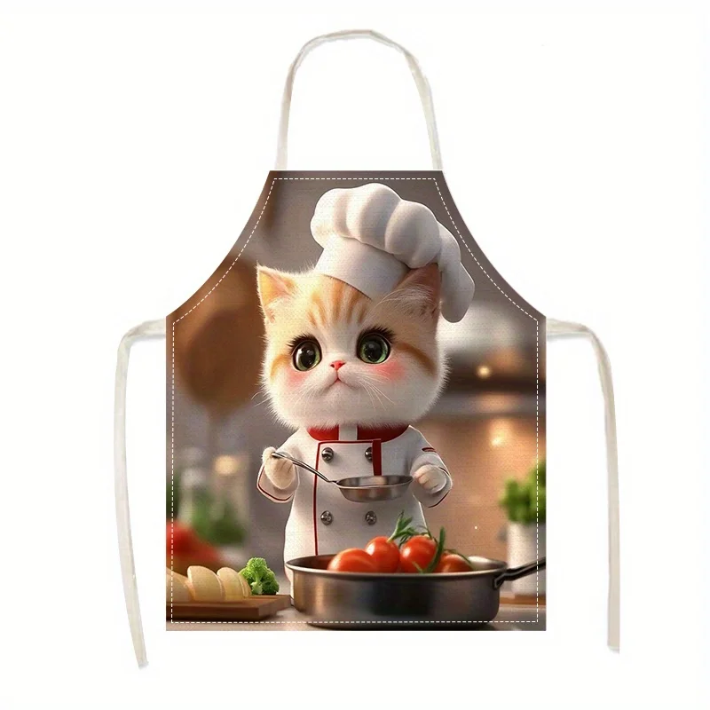 1pc Cute Cat Chef Realistic Print Apron Linen Animal Lover Kitchen Cooking Baking Apron Funny Pet Theme Gift For Cat Owners