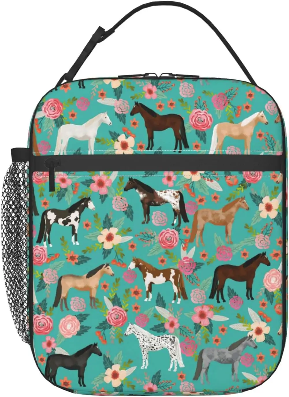 Horse And Flower Lunch Box Insulated Lunch Bags Zipper Lunch Bag Cooler Tote Bag For Teens Men Women Office Picnic