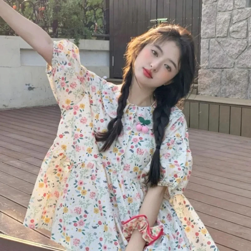 

Женская рубашка с пышными рукавами и вишневым принтом, лето 2025 г., свободные топы с воротником Питера Пэна, Mujer, милые японские универсальные блузки