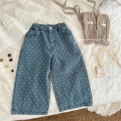 Pantaloni per bambini autunno New Girl Wave Point Jeans abbigliamento per bambini pantaloni stile retrò coreano semplice 2024 elastico in vita moda