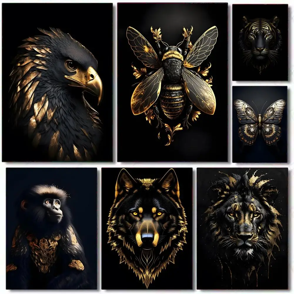 Black Gold Eagle Lion Poster HD PVC selbstklebende Wandkunst – wasserdicht wiederverwendbar für Home Office Cafe